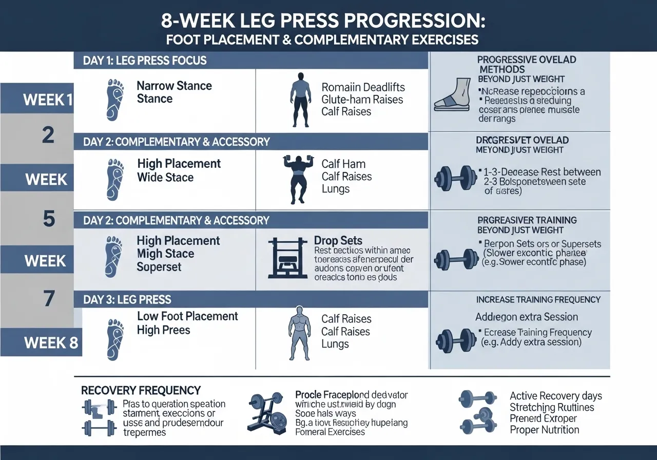 leg press programming 8 week progression foot variation pairing exercises progressive overload recovery