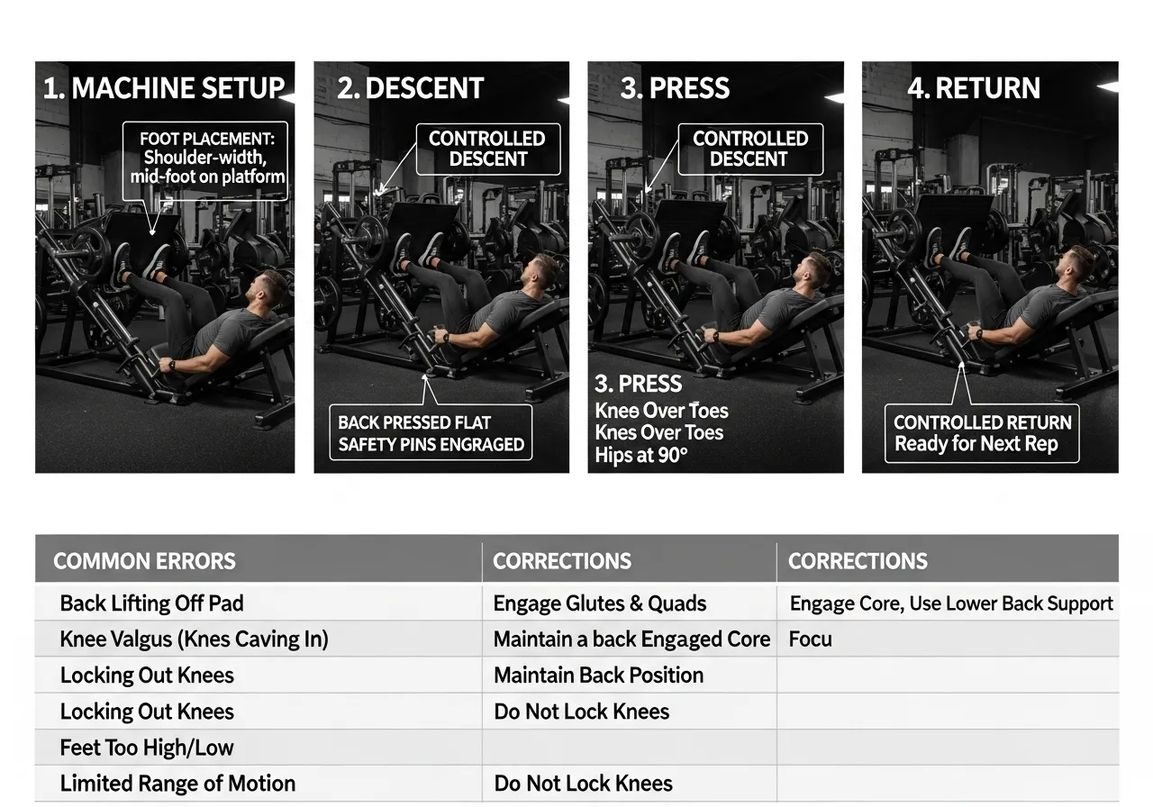 leg press step by step technique setup descent press return common errors