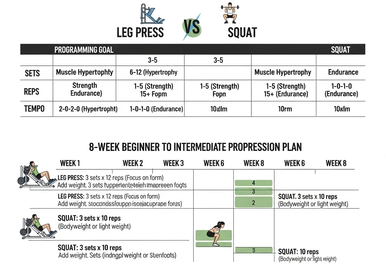 leg press vs squat comparison programming sets reps 8 week progression plan