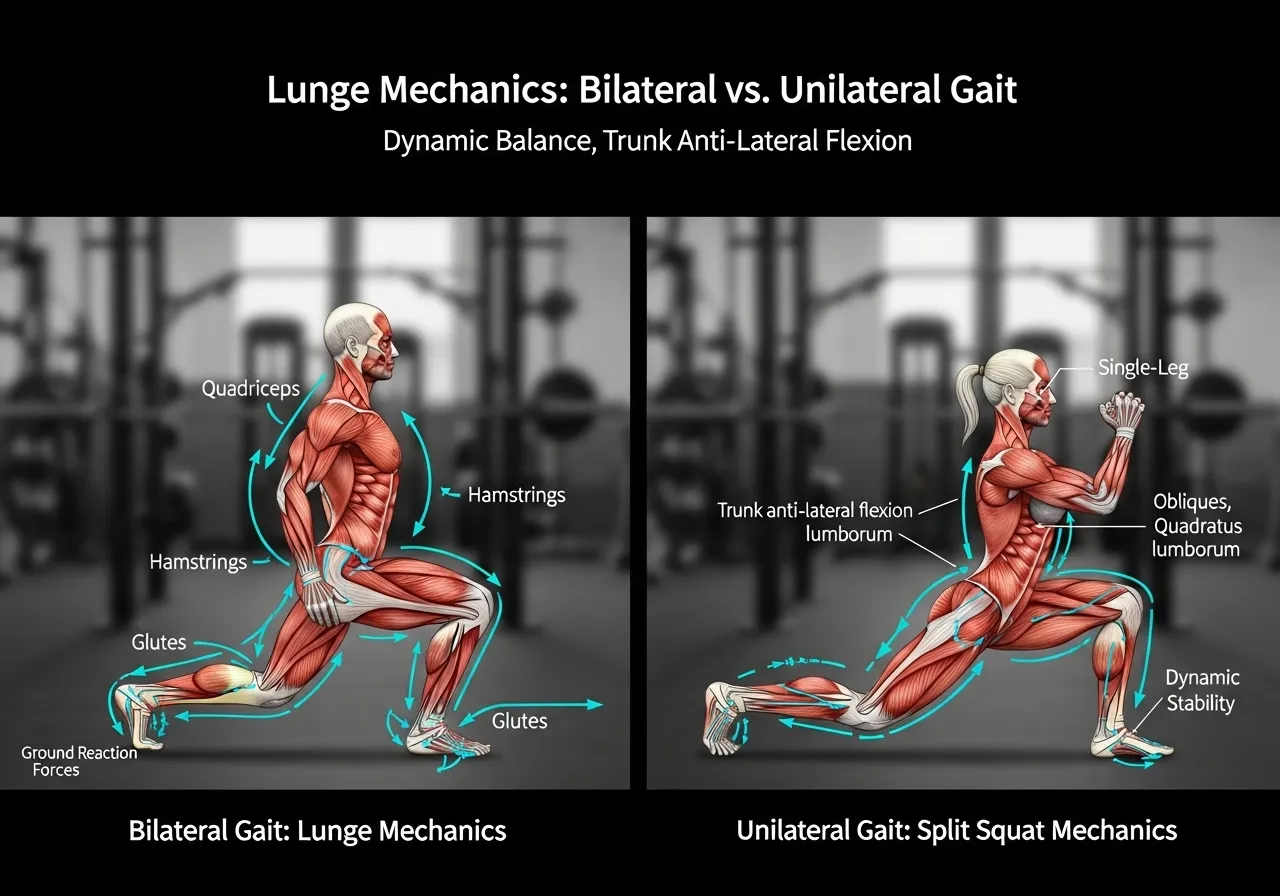 lunge mechanics bilateral vs unilateral gait dynamic balance trunk anti-lateral-flexion split squat comparison
