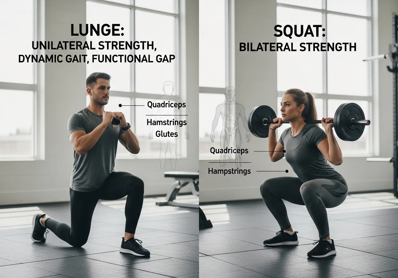 lunge vs squat comparison what each develops bilateral strength vs unilateral dynamic gait functional gap