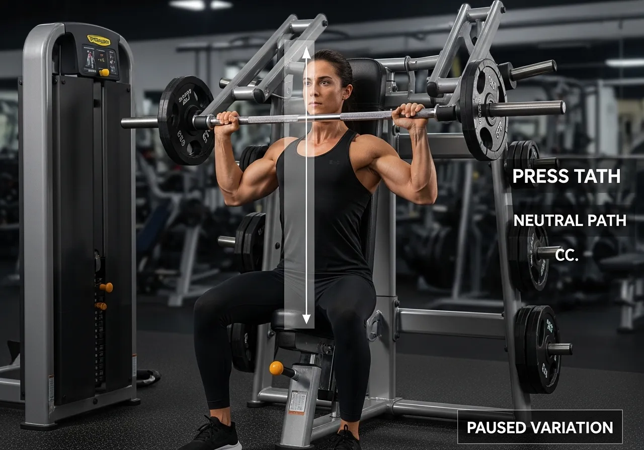 machine shoulder press technique seat height grip width neutral path range paused variation setup execution