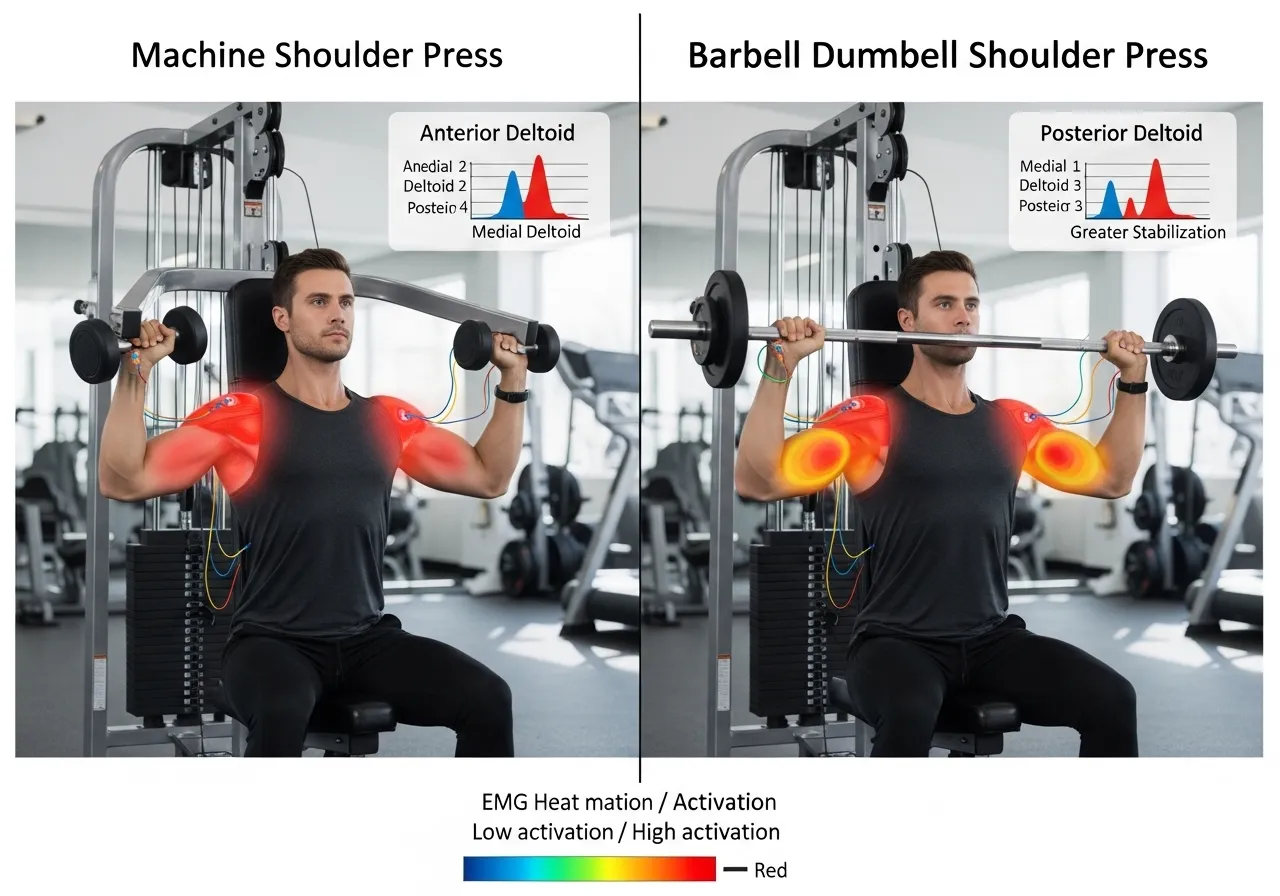 machine vs barbell dumbbell shoulder press EMG anterior medial posterior deltoid comparison stabilisation activation