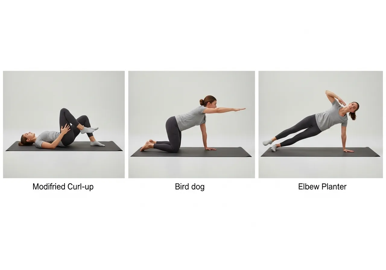 McGill Big Three core program modified curl up bird dog side plank