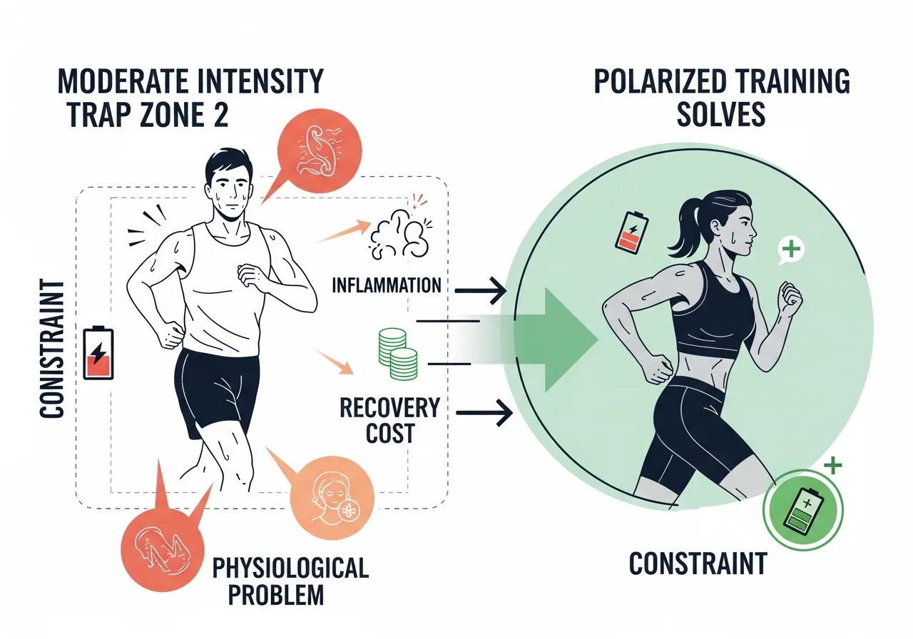 moderate intensity trap Zone 2 physiological problem recovery cost polarised training solves constraint