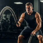muscular athlete performing alternating battle rope waves with intense effort, sweat visible, gym setting, dramatic lighting, power and intensity, photorealistic high detail