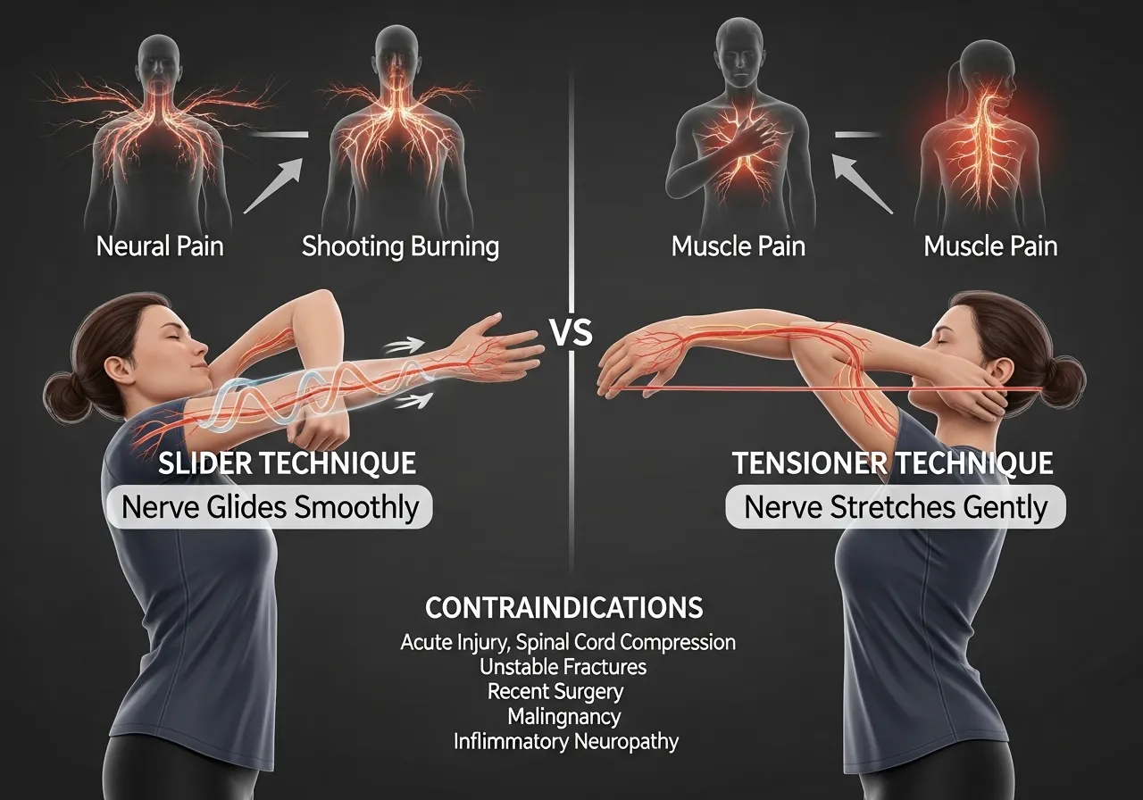 nerve flossing neural mobilisation mechanism slider vs tensioner technique neural pain vs muscle pain contraindications