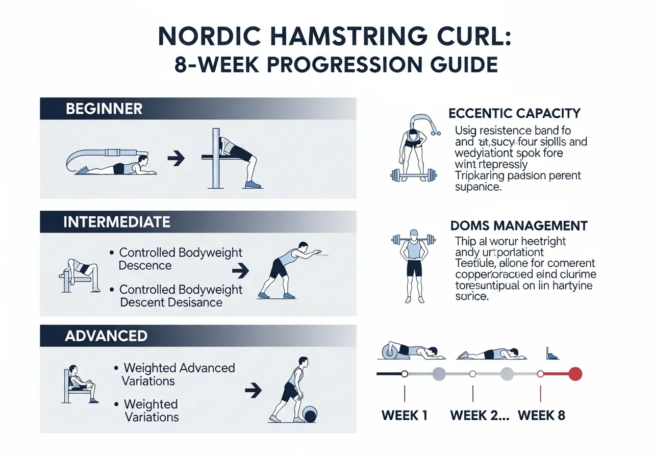 Nordic curl progression ladder infographic showing five stages glute ham raise negative band assisted full rep weighted target reps