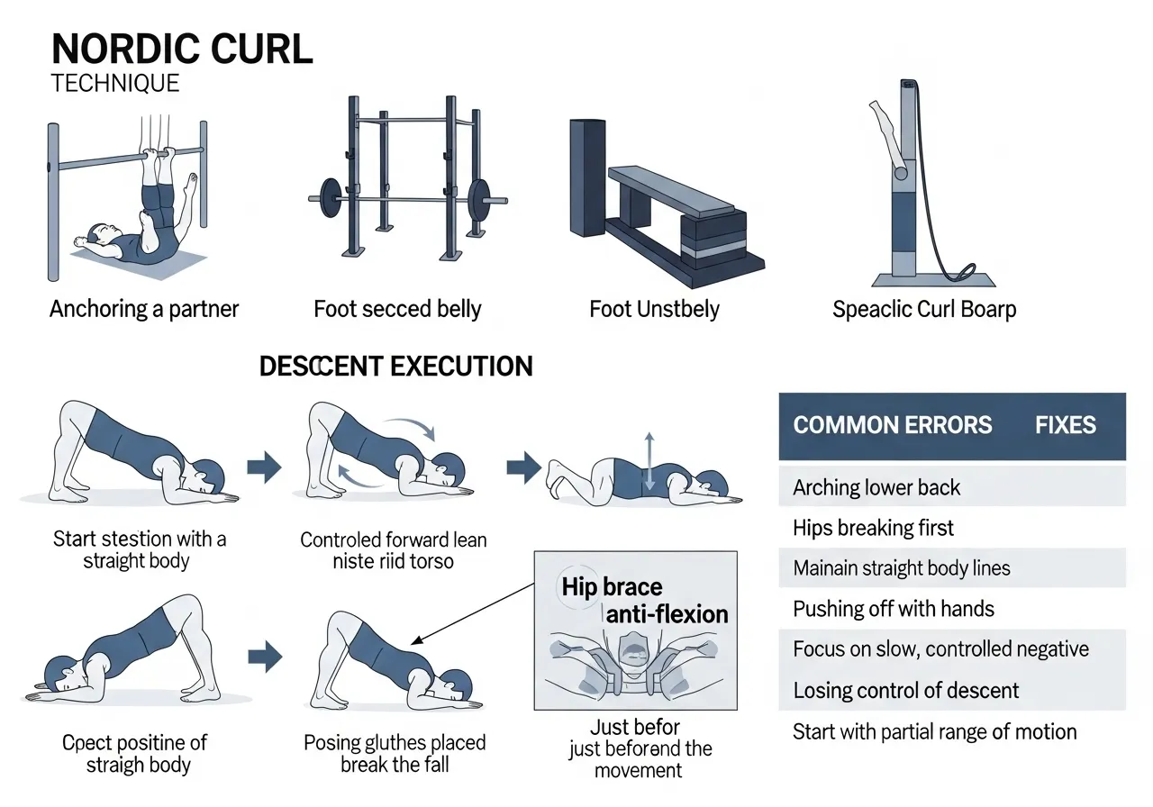 Nordic curl technique guide showing foot anchoring options knee pad position descent execution hip flexion error 4-6 second descent