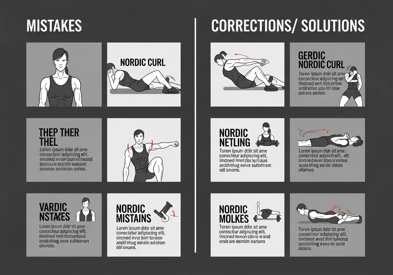 Nordic curl training mistakes guide showing DOMS misinterpretation full reps too early isolation without integration corrections
