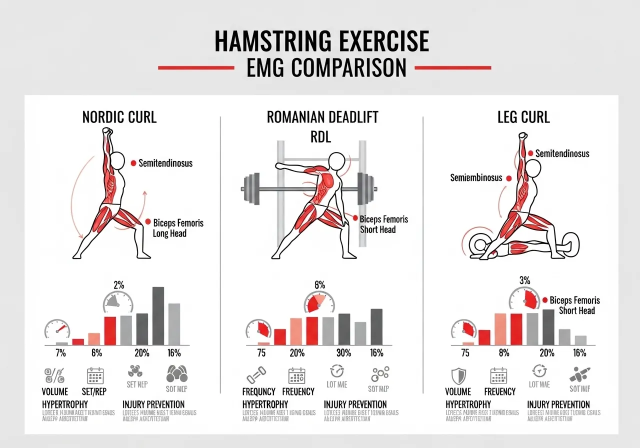 Nordic curl versus RDL versus leg curl EMG comparison infographic showing biceps femoris long head proximal hamstring activation differences