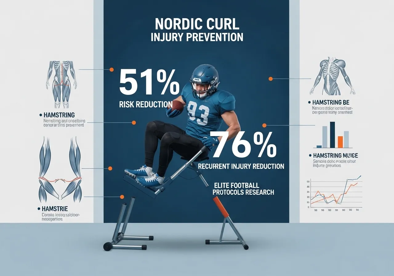 Nordic hamstring curl injury prevention research infographic showing 51 percent overall 76 percent recurrent reduction meta-analysis elite sport