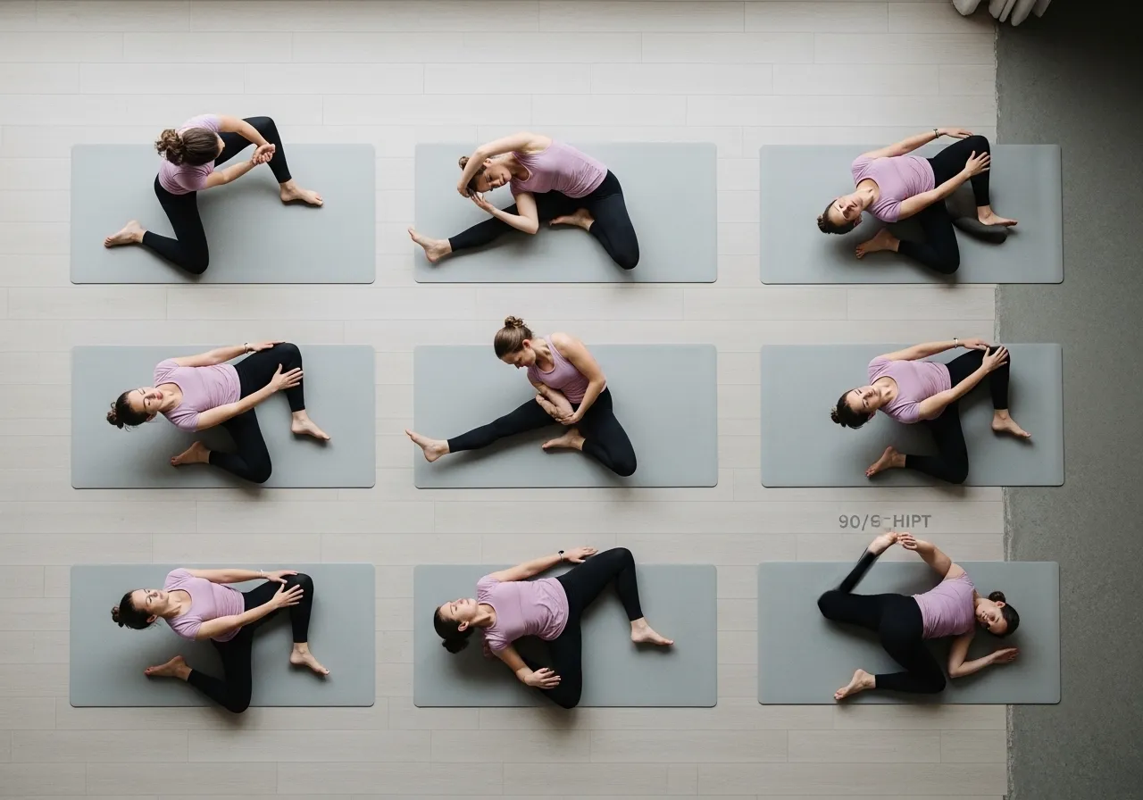 overhead flat lay of person moving through hip mobility sequence on yoga mat, multiple positions showing flow routine, clean minimalist photography, natural light