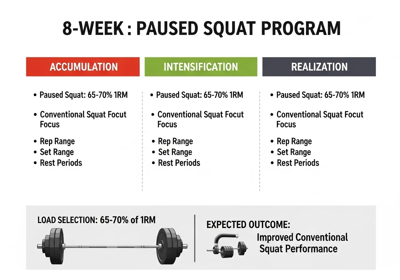 paused squat 8 week programme three phases load selection 65-70 percent 1RM conventional squat improvement expected