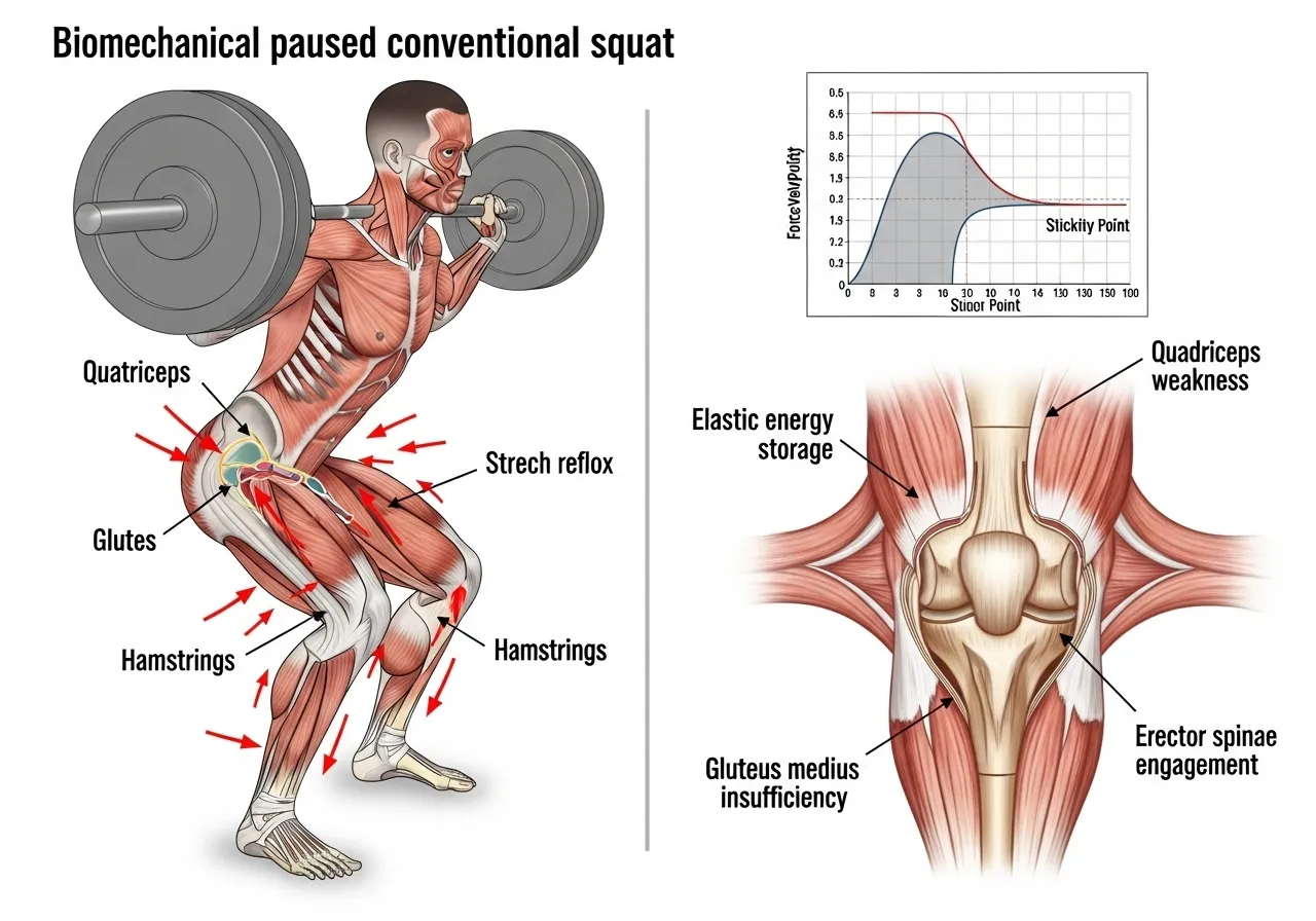 paused squat sticking point diagnosis biomechanics stretch reflex elastic energy conventional squat weakness position