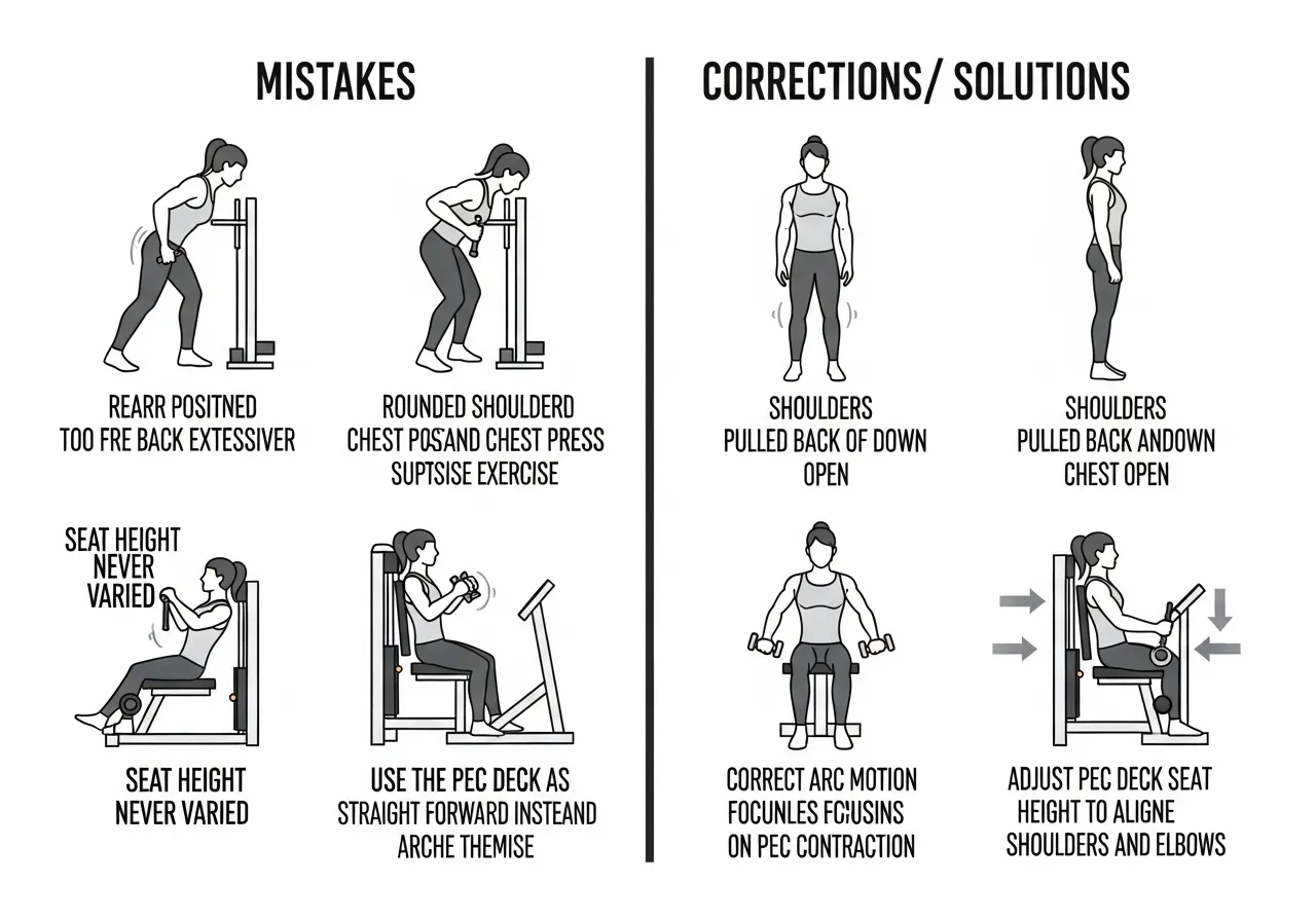 pec deck training mistakes guide showing rear arms too far shoulder rounding only exercise never varying seat height corrections