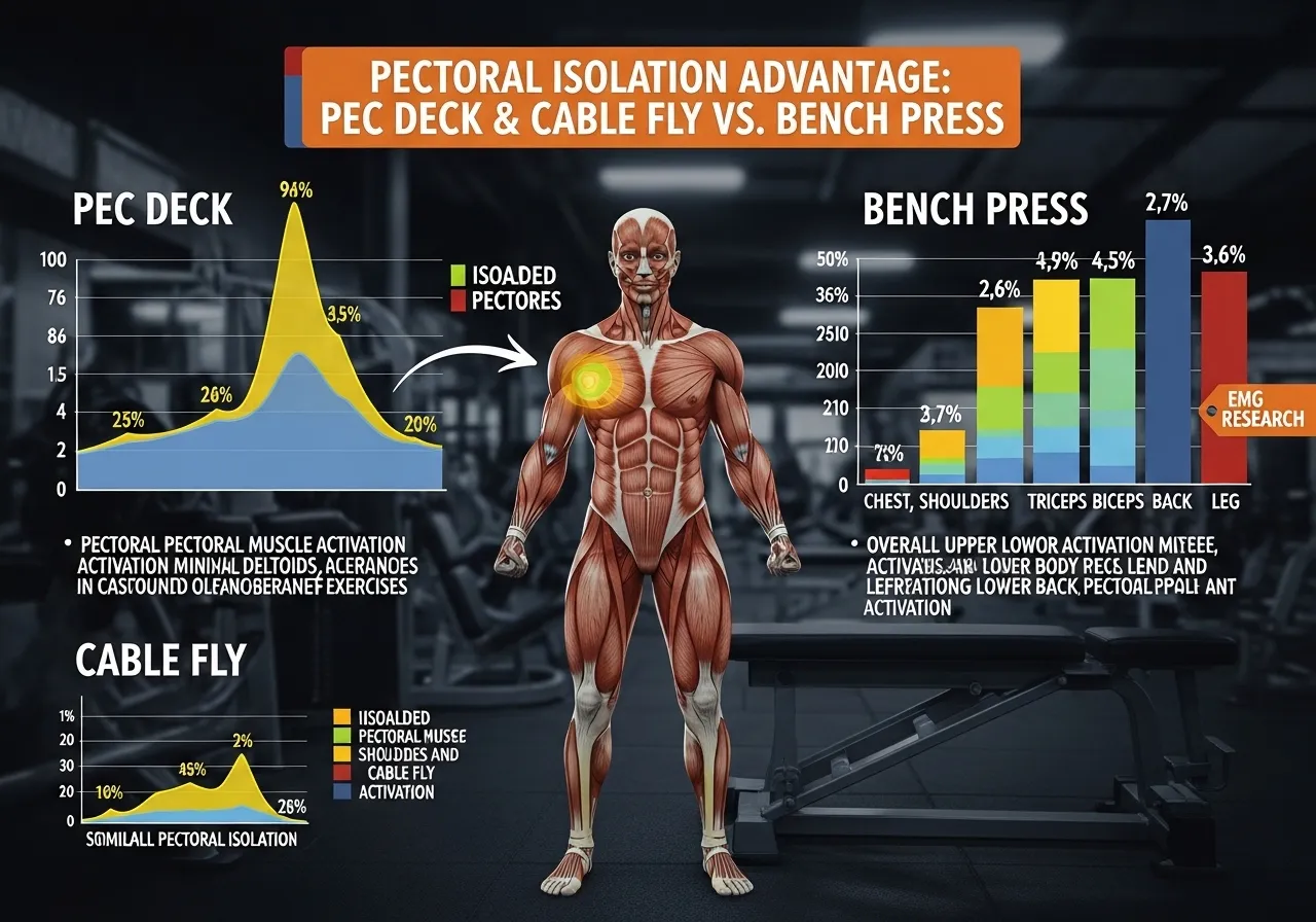 pec deck versus cable fly versus bench press EMG research infographic showing pectoral isolation greater activation secondary muscle comparison