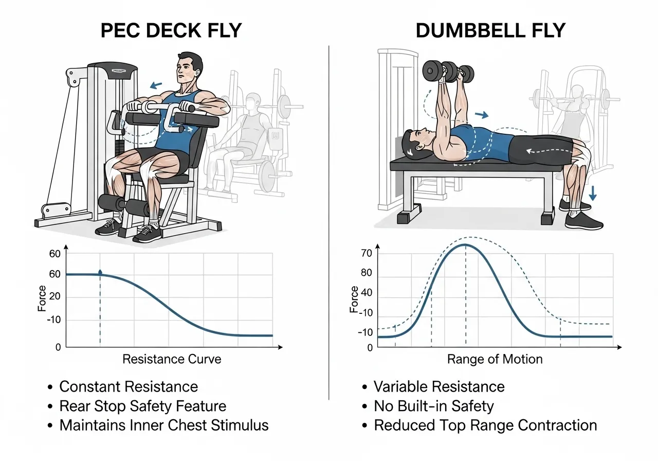 pec deck versus dumbbell fly comparison infographic showing resistance curve difference injury risk inner chest squeeze advantage top range