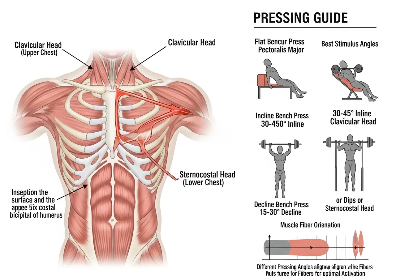 pectoralis major anatomy diagram showing clavicular head upper chest sternocostal head lower chest origin insertion optimal pressing angles