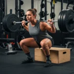 person performing box squat wide stance low bar barbell sit-back posterior chain power dead stop