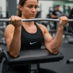 person performing EZ bar preacher curl correct form arm on pad shoulder contact 3 second eccentric gym bicep training photography