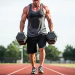 person performing farmer’s walk with heavy dumbbells bilateral grip strength core stability loaded carry training