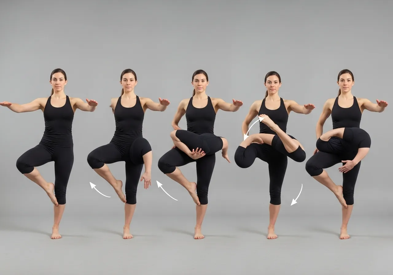 person performing hip controlled articular rotations standing, leg making large circular arc, balance on one foot, instructional sequence photography, studio lighting