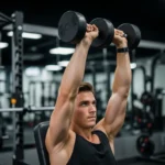person performing overhead dumbbell tricep extension correct form upper arms vertical gym strength training photography