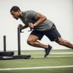 Sled Training Guide: Science of Speed and Conditioning, Push and Pull Exercises, and Load Selection person performing sled push correct form low handles 45 degree lean powerful leg drive outdoor turf strength conditioning photography