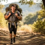 person rucking weighted backpack outdoor loaded walking cardiovascular training fitness