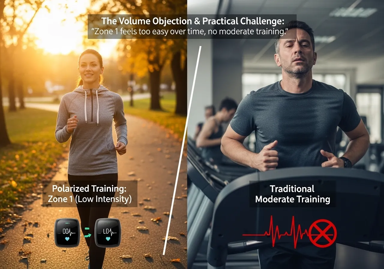 polarised training recreational athletes volume objection practical challenge Zone 1 feels too easy over time no moderate