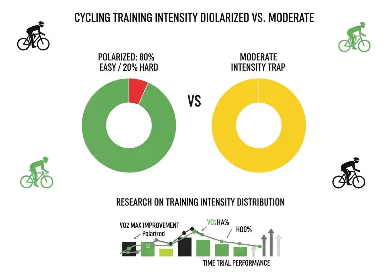 polarised training versus threshold training cycling infographic showing 80-20 distribution outperforms moderate zone dominated training research