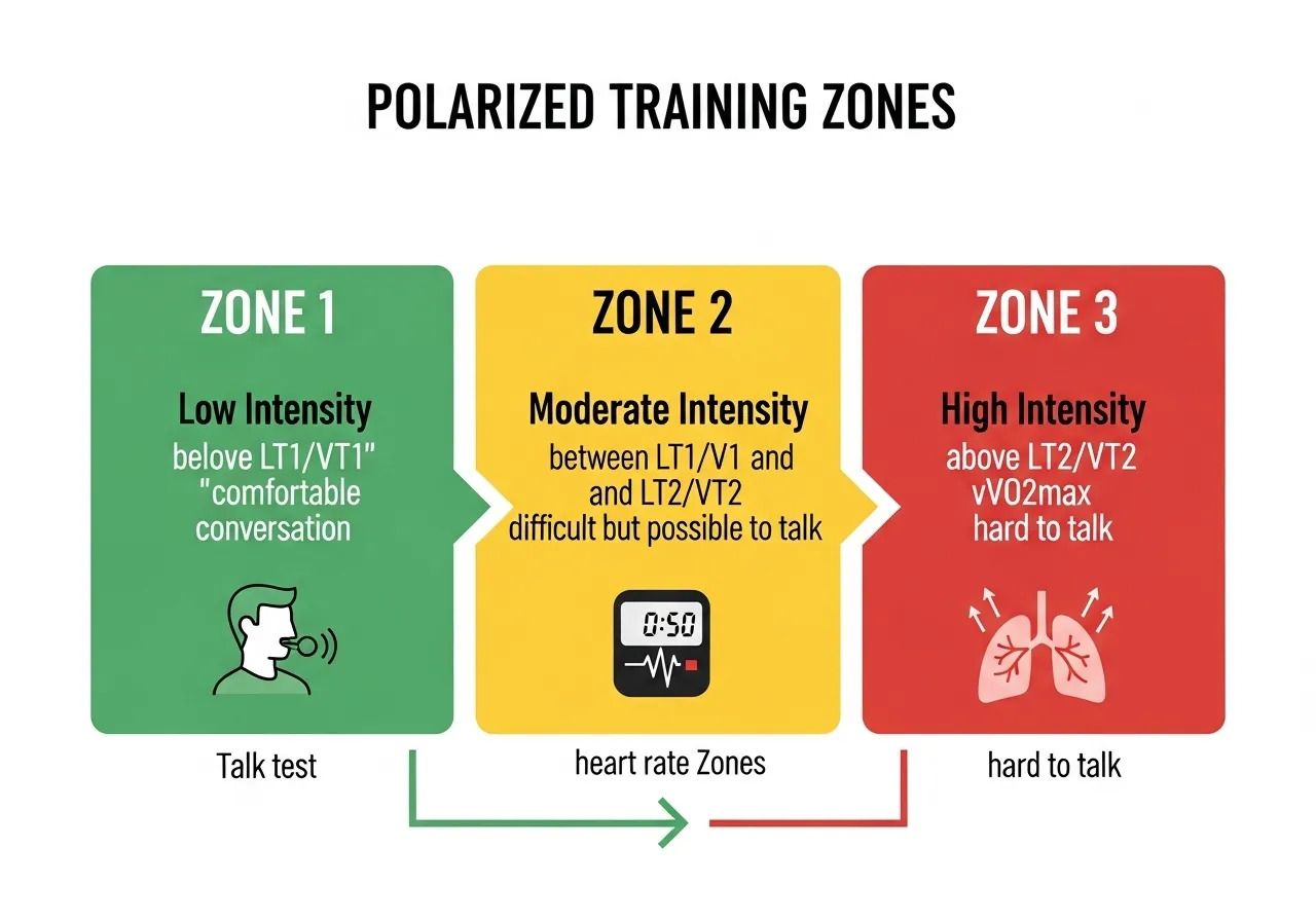 polarised training zone definition three zones LT1 VT1 talk test heart rate Zone 3 identification vVO2max