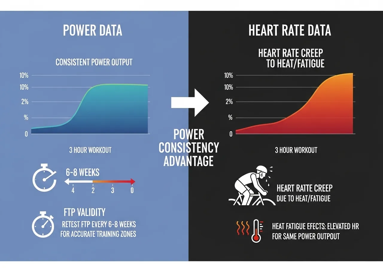 power versus heart rate cycling training comparison infographic showing consistency advantage cardiac drift FTP testing frequency validity