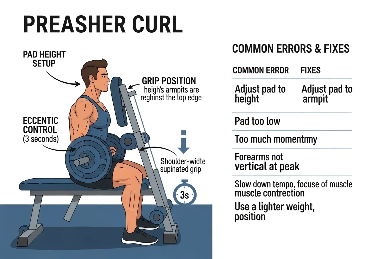 preacher curl technique guide showing pad height arm position grip eccentric 3 second control common errors shoulder rising wrist breaking