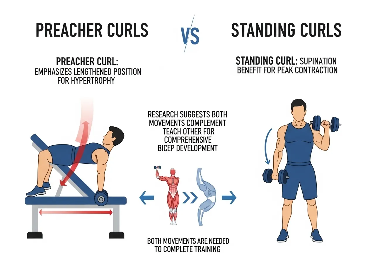 preacher curl versus standing curl comparison infographic showing lengthened position loading cheat curl difference complementary training approach
