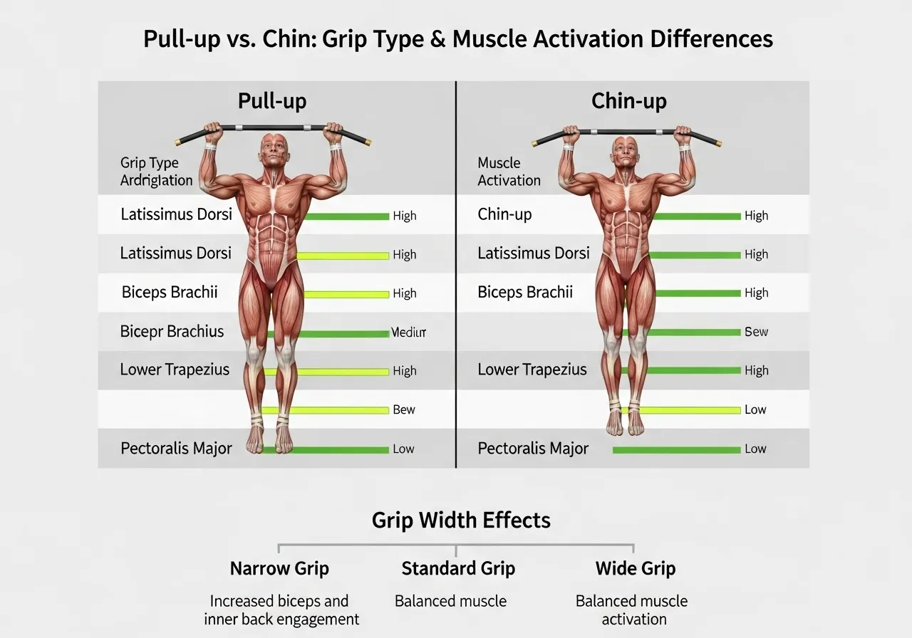 pull-up vs chin-up grip width neutral comparison EMG activation table differences