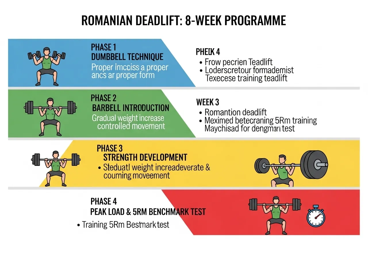 Romanian deadlift 8 week progressive programme four phases dumbbell barbell step RDL strength benchmark