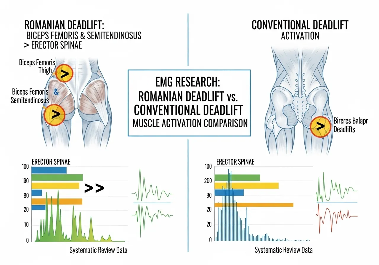 Romanian deadlift EMG research hamstring biceps femoris semitendinosus vs erector spinae conventional deadlift comparison
