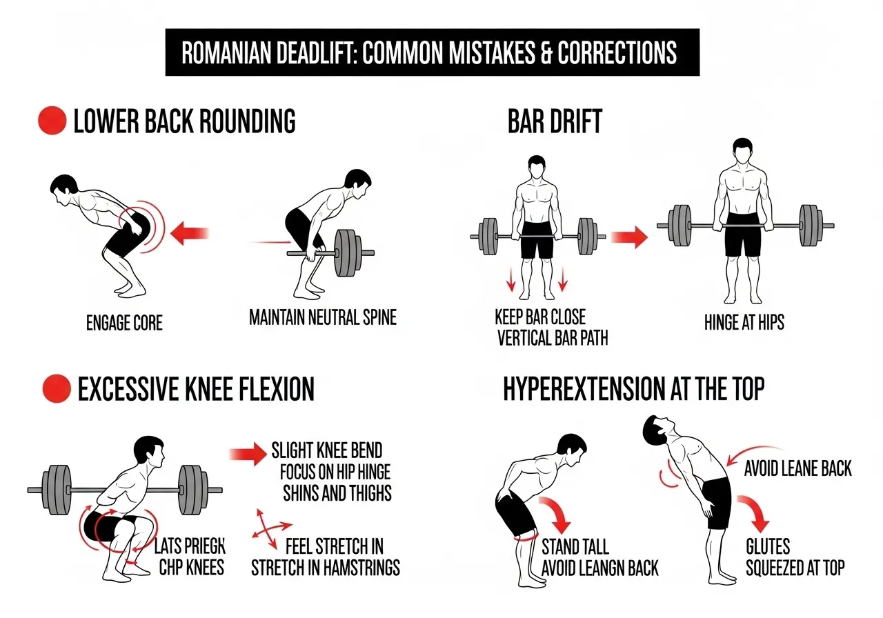 Romanian deadlift errors lower back rounding bar drift knee flexion hyperextension correction technique fixes