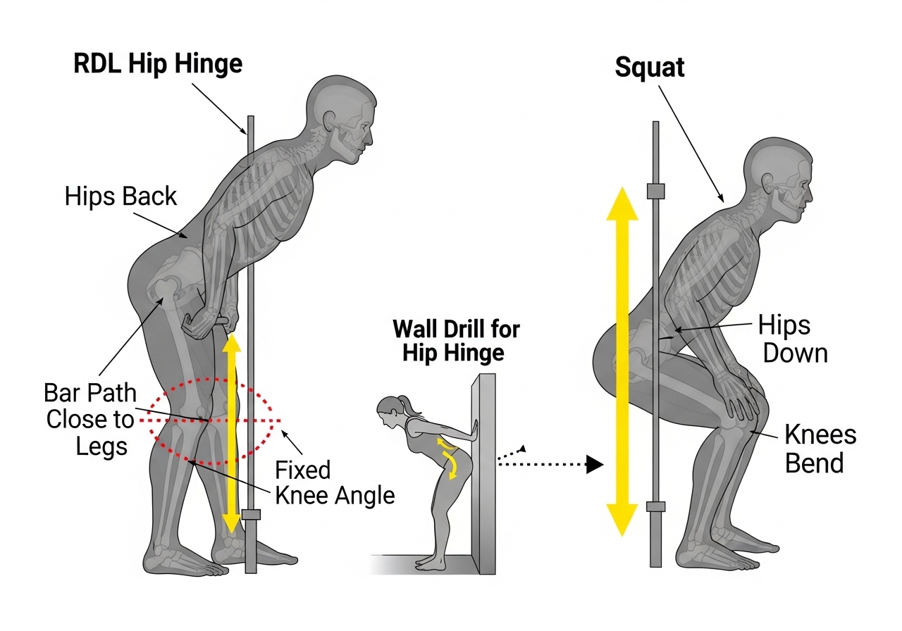 Romanian deadlift hip hinge mechanics wall drill technique explanation