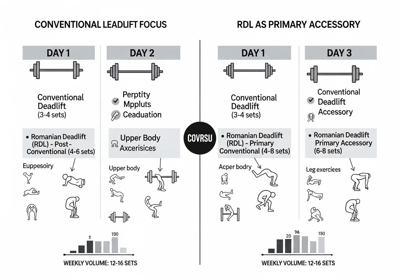 Romanian deadlift programme placement conventional deadlift comparison weekly volume guidelines session order
