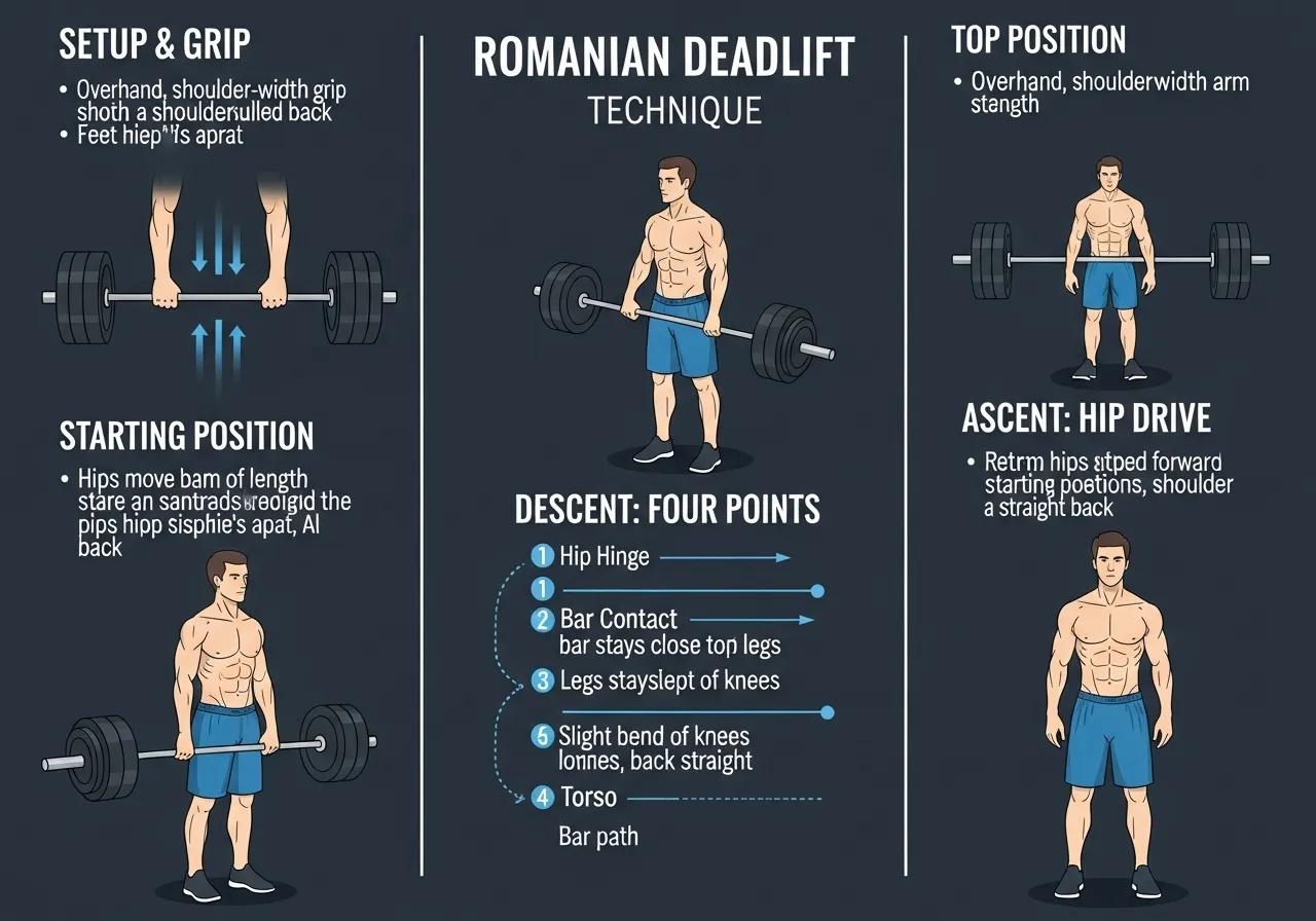 Romanian deadlift technique setup grip starting position descent hip hinge bar path ascent neutral spine