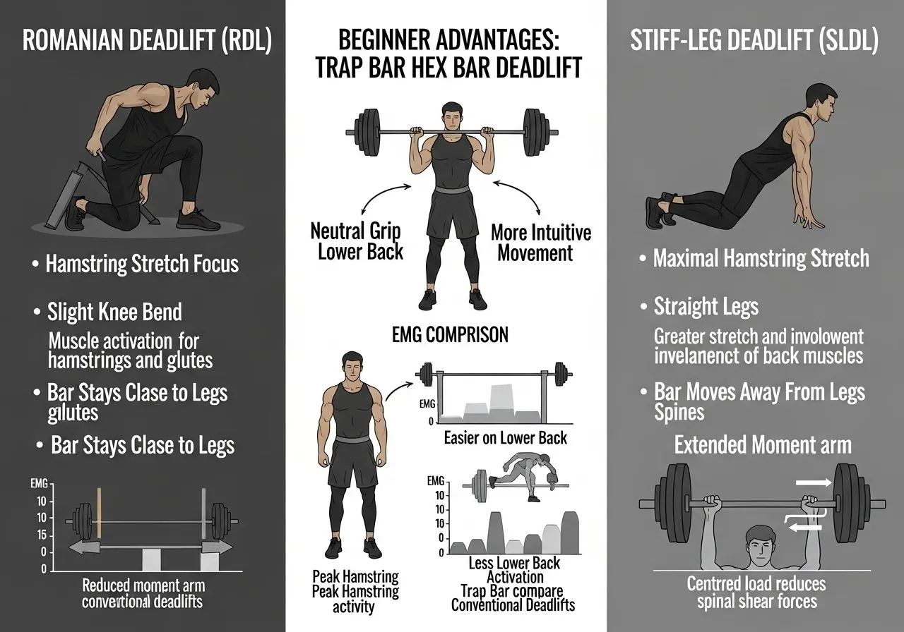 Romanian stiff-leg trap bar deadlift variations hamstring EMG hypertrophy comparison
