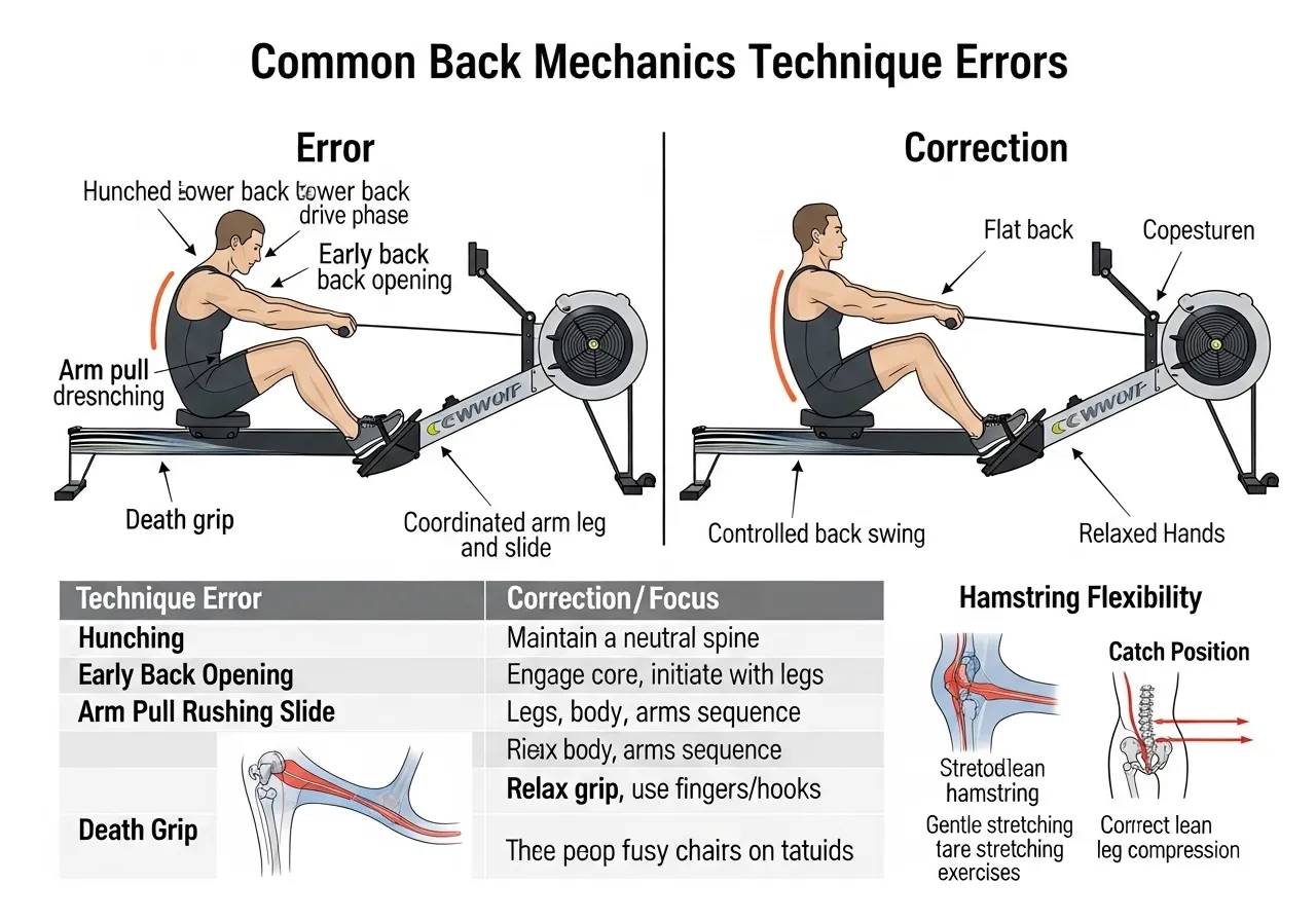 rowing lower back safety technique errors corrections table hamstring flexibility catch
