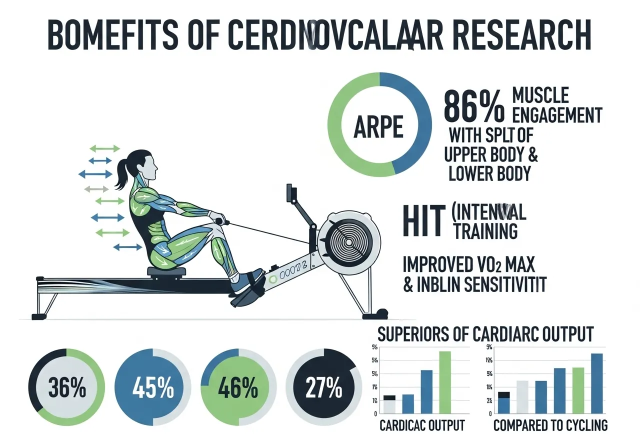 rowing machine cardiovascular research VO2max cardiac output muscle 86 percent HIIT insulin