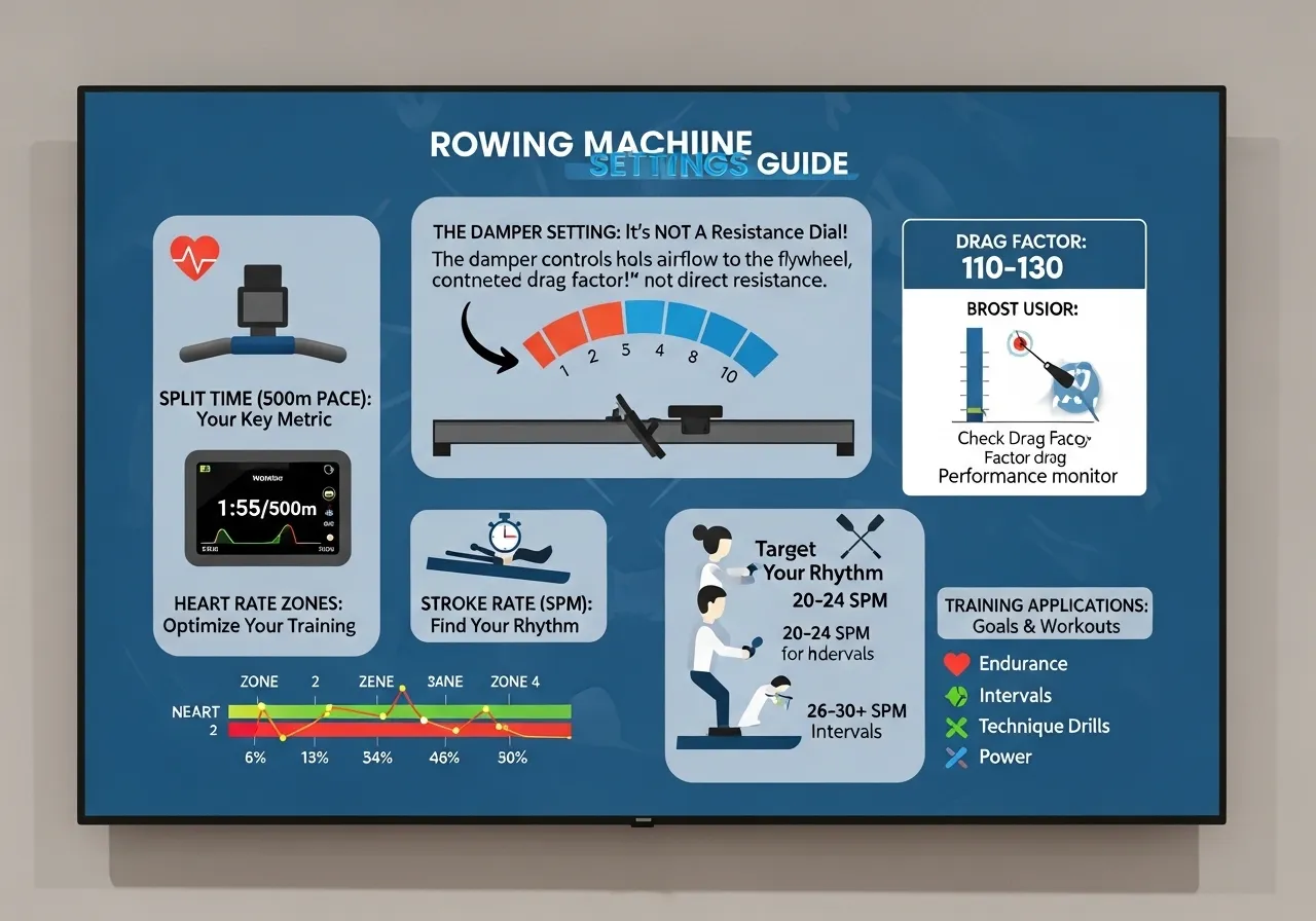 rowing machine damper setting drag factor split time stroke rate training intensity guide