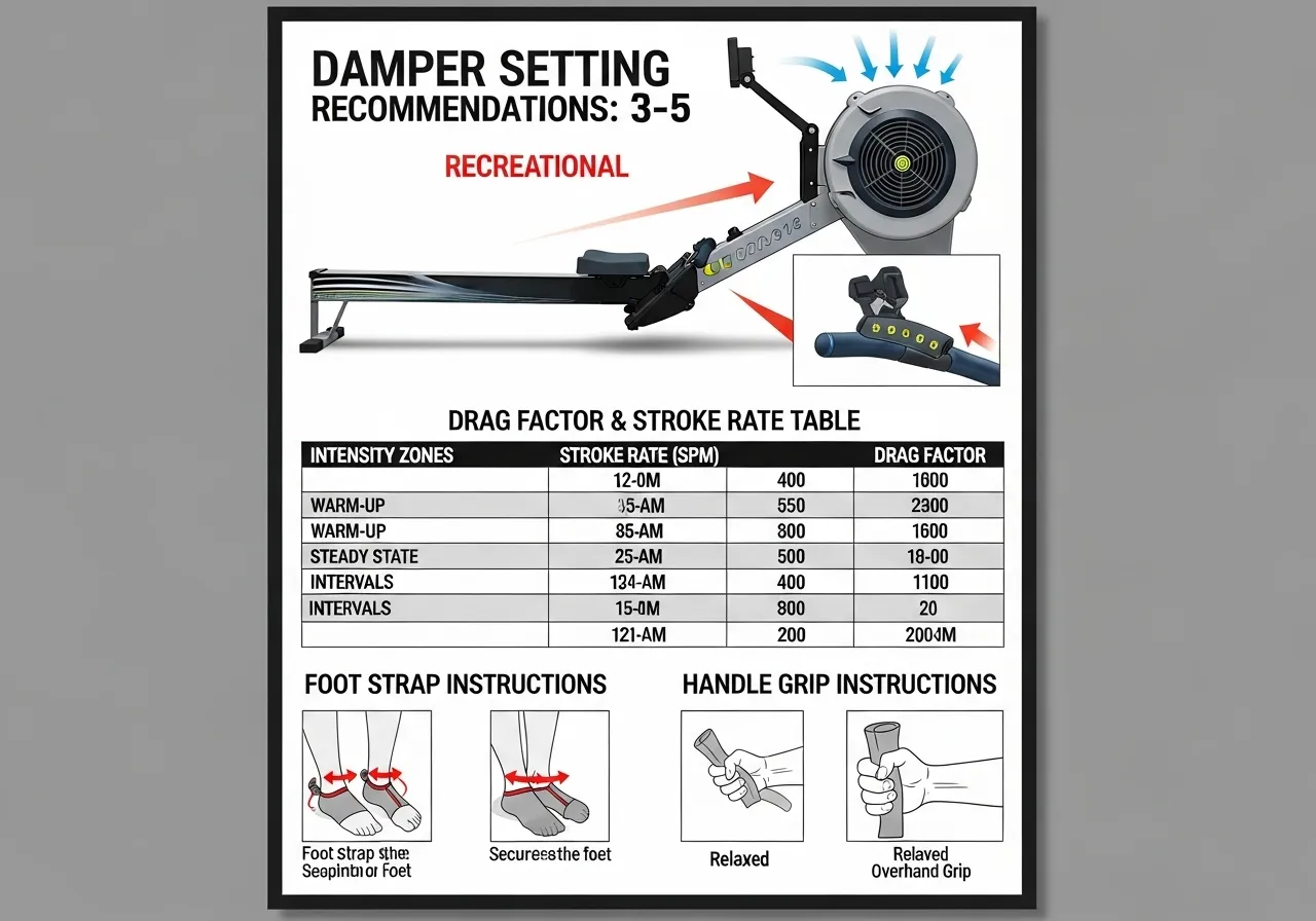 rowing machine damper setting stroke rate zones beginner setup guide