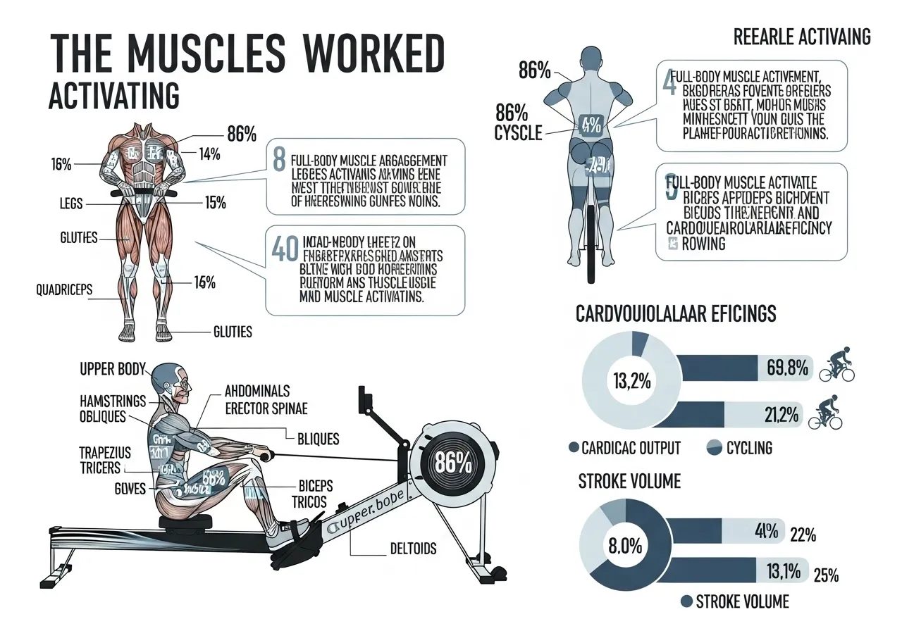 rowing machine physiology muscles engaged cardiovascular comparison cycling