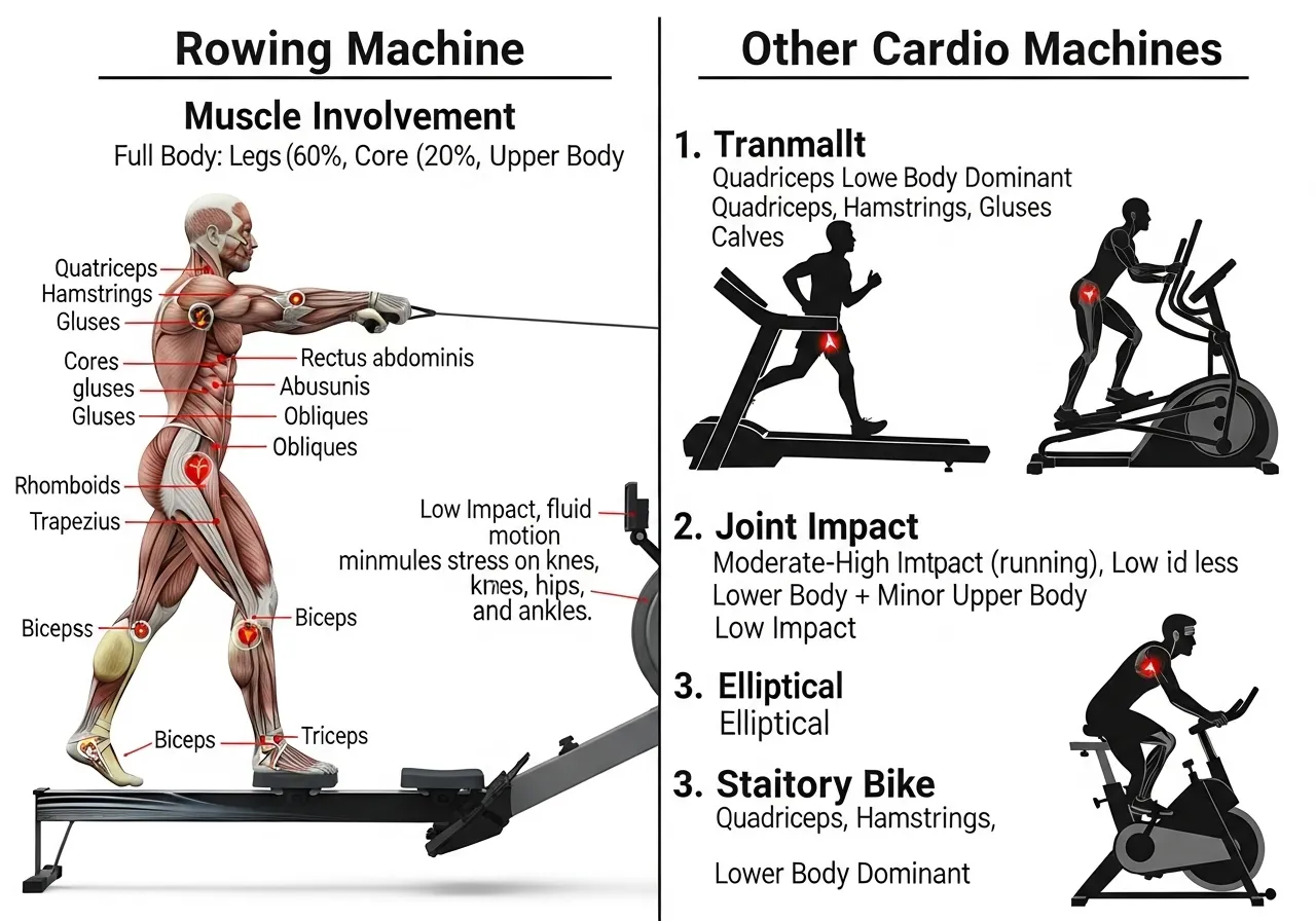rowing machine vs treadmill cycling comparison impact upper body VO2max caloric expenditure
